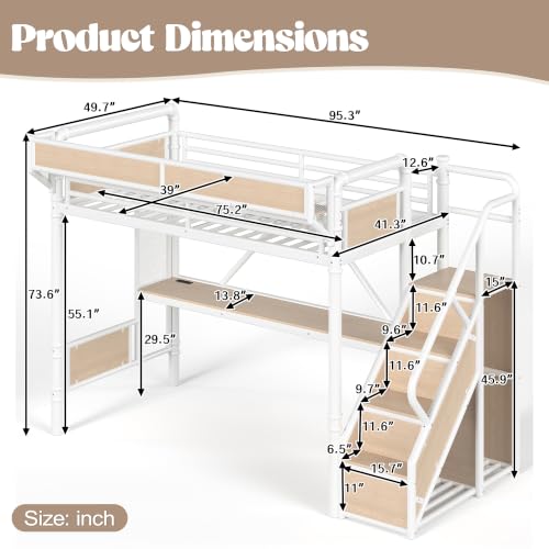 Image of Bellemave Twin loft Bed with Storage Stairs, Wardrobe, Shelves, Metal Twin Loft Bed Frame for Adults, Kids, Teens, White+Natural Wood with Stairs