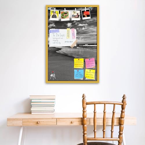 Image of ArtzFolio Sea, Air, & Land Monochrome Contrast | Bulletin Board Notice Pin Board | Vision Soft Board Combo with Thumb Push Pins & Sticky Notes | Golden Frame | 16 x 24 inch (41 x 61 cms)