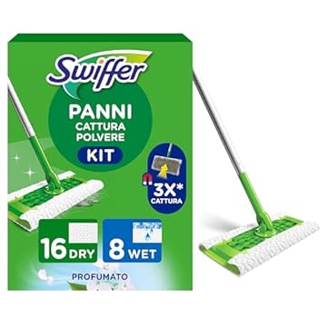 Swiffer Panni Catturapolvere, 1 Scopa E 16 Ricariche Dry + 8 Panni Lavapavimenti Wet, Cattura E Intrappola Polvere E Sporco, Raggiunge I Punti Più Difficili, Ottimo Per Tutti I Tipi Di Pavimenti
