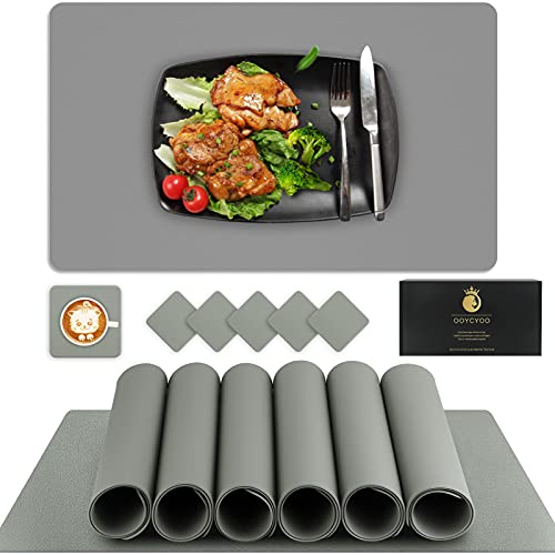 OOYCYOO Tischsets Leder Platzsets PU Kunstleder Platzdecken Grau 6er Sets Abwaschbar Wasserdicht 45x30cm und Quadratischer Glasuntersetzer für Hause Küche Restaurant Cover
