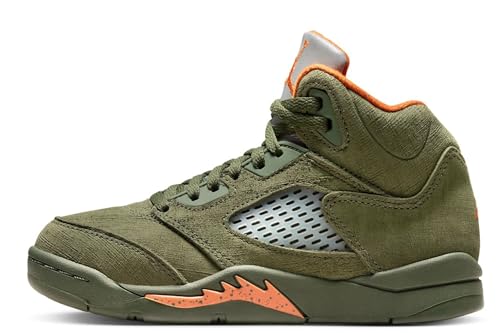 NIKE Preschool Air Jordan 5 Retro 'Olive' Army Olive/Solar Orange (440889 308) PS Little Kids Shoe, White/Gym Red-black2