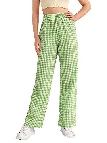 SOLY HUX Women's Gingham Elastic High Waisted Straight Leg Pants Lime Green XS