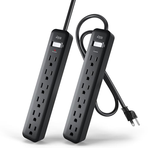 KMC Extensión 6 Tomacorrientes, Paquete de 2, Cable Corto de 0.61 m en Negro