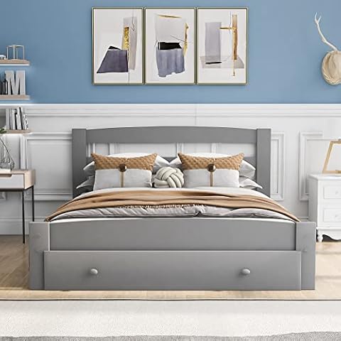 IANIYA Wooden Bed Frame Double Single Bed with Storage Drawer Solid Wood Bed for Adult Teens (135 x 190 cm, Gray) Cover