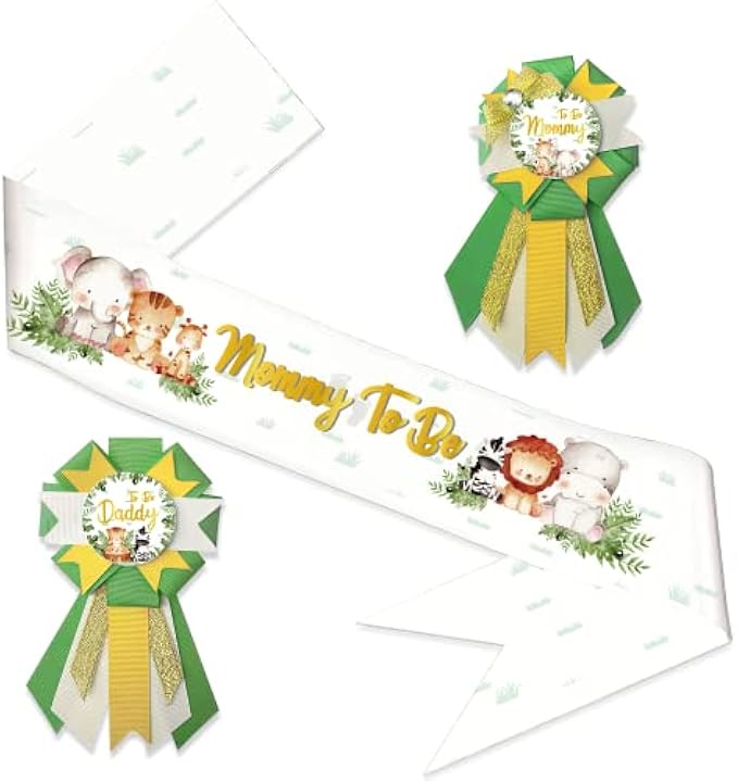 Safari Jungle Baby Shower Sash, Mom to Be & Daddy to Be Corsage Jungle Animal Neutral Mom to be Sash Include Gold Glitter Letters Sash for Baby Shower