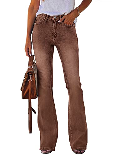 Koinshha Womens High Waisted Jeans Flare Stretch Boyfriend Bootcut Casual Denim Pants Brown