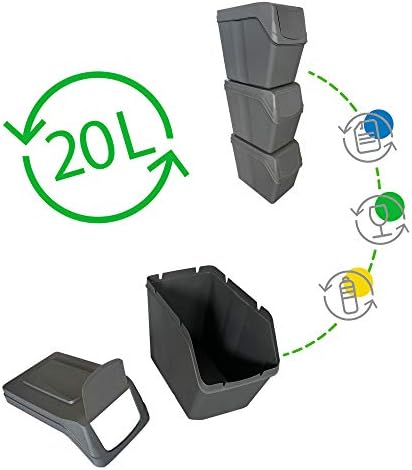Prosperplast Set of 3 Recycling Bins Total Capacity 60 litres, Stackable, compartments in Grey, 3x20 Litros
