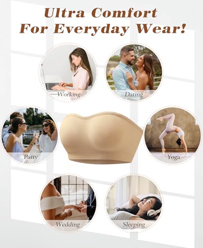 Image of DOCUMO Strapless Bra for Women Padded Bandeau Bra Non-Slip Silicone Seamless Wireless Tube Top (Beige, Large)