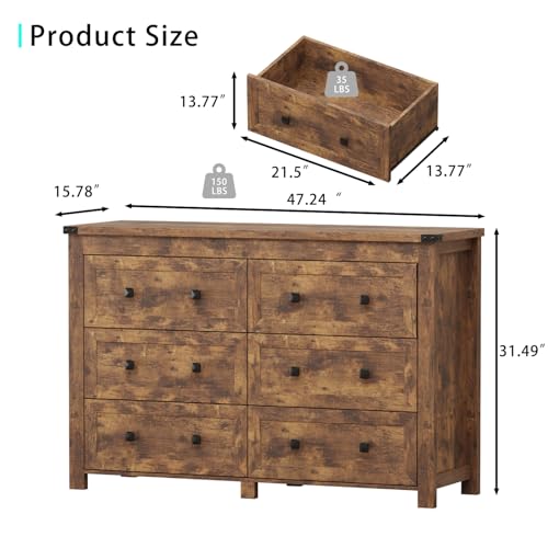 Image of Wodeer 6 Drawer Dresser for Bedroom, Brown Modern Dressers & Chests of Drawers with Metal Handles, Closet Storage Dresser, Storage Cabinet and Organizer with Drawers