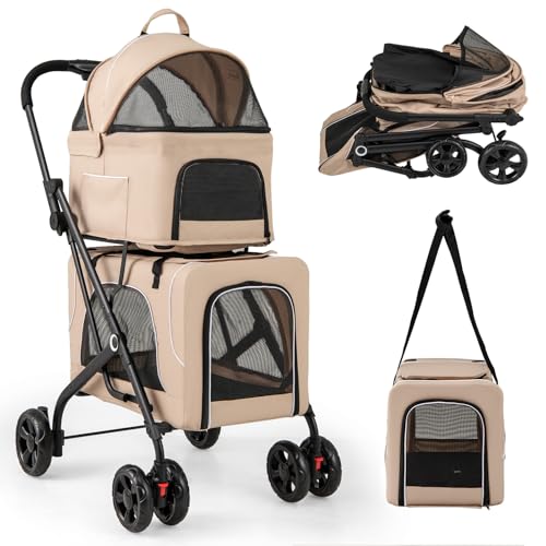 COSTWAY 3 in 1 Hundewagen, Hundebuggy 2 Etagen mit Netzfenstern & Taschen & Polstern, Oxford & Metall, Haustiere Buggy bis 16 kg, Hundebox Transporttasche klappbar, für Hunde Katzen Haustiere (Beige)
