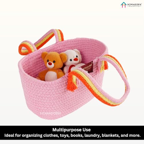 Image of HOMADORN Cotton Storage Basket with Sturdy Handles - Foldable, Durable, and Stylish Organizer for Toys, Clothes,Gifting and Home Essentials (PINK)