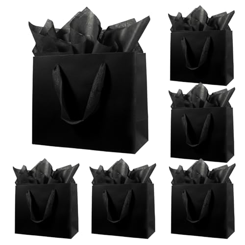 JEKUGOT 6 Pack Black Gift Bags Medium Gift Bag With Tissue Paper Paper Gifts Bag For Men Woman Birthdays Baby Shower Wedding Party Holidays Favor (8.6x3.9x7.08inch)