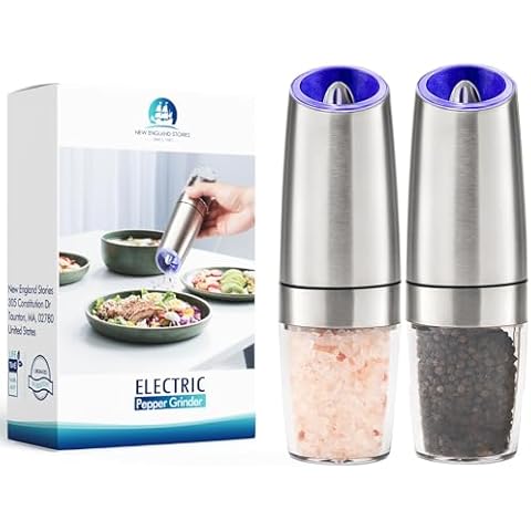 Gravity Electric Salt and Pepper Grinder Set of 2, Battery Powered Automatic Pepper Mill Grinder, One Hand Operation Adjustable Coarseness Blue LED Light (Silver) Cover