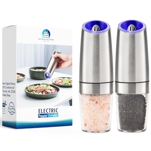 Gravity Electric Salt and Pepper Grinder Set of 2, Battery Powered Automatic Pepper Mill Grinder, One Hand Operation Adjustable Coarseness Blue LED Light (Silver)