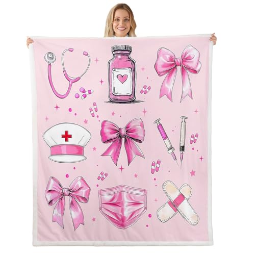 feelingyou Manta de franela de regalo para enfermeras, máscara de lazo rosa, alfombra de forro polar, alfombra de forro polar para niños, niñas y mujeres, alfombra de cama femenina de ensueño para
