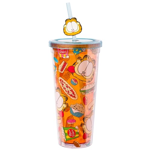 Silver Buffalo Garfield Junk Food Pattern Plastic Cold Cup with Lid and Straw Topper 24 Ounces
