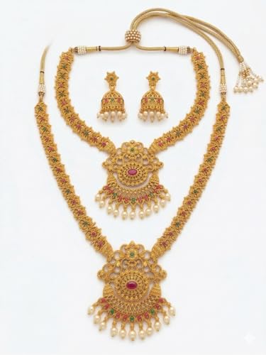 Image of South Indian Traditional Antique Matte Gold Finish Goddess Lakshmi & Peacock Motif Long Necklace Set with Jhumka Earrings for Women | Ethnic Temple Jewellery for Weddings, Brides & Festivals (Ghummar)