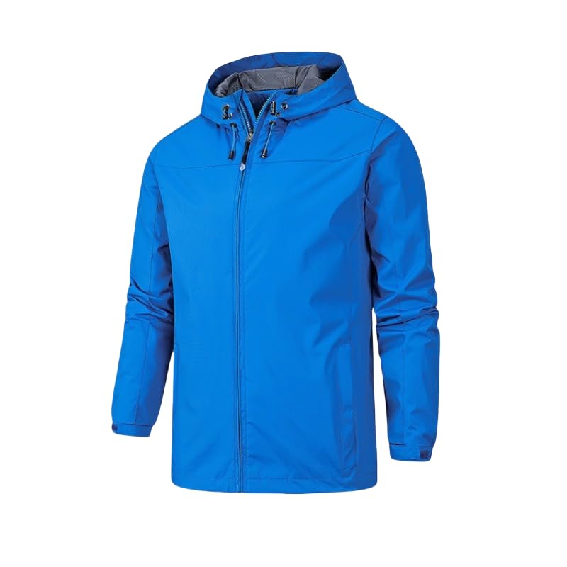 Men's Waterproof Hooded Jacket Drawstring Hood Zipper Pockets Lightweight Windbreaker