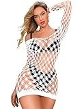 Kaei&Shi Bottle Girl Outfits,Cutout Mesh Long Sleeve Dress,Off Shoulder Fishnet Bodycon Mini Sexy Dresses for Women Clubwear Night Out Party Poster White One Size Fits All