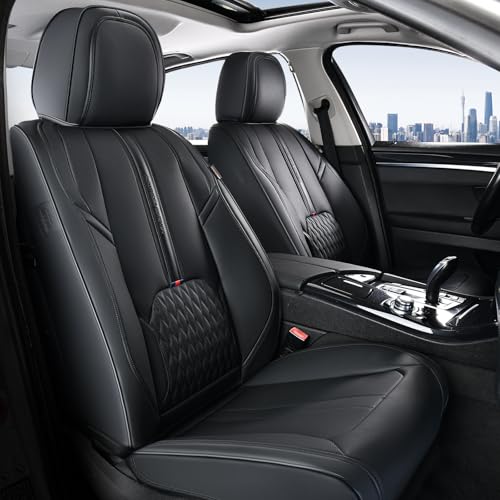 Coverado Front Seat Covers, 2-Pack Luxury Leather Seat Cover with Lumbar Support, Black Seat Covers for Cars, Waterproof Car Seat Protectors, Driver Car Seat Cushions Universal Fit for Most Vehicles