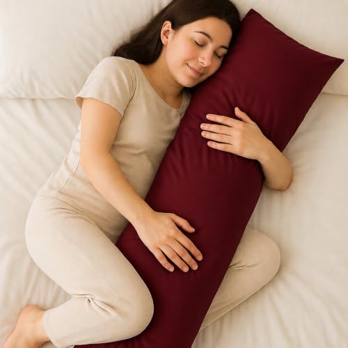 Image of 100% Cotton 600 TC Body Pillow Cover - Ultra Soft & Breathable Long Pillowcase | Zipper Closure | 20 inchx54 inch | Grey (Burgundy)