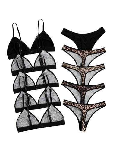 Image of BEAUDRM Women's 5 Sets Matching Bra and Panty Set Polka Dots Print Lingerie Set Triangle Bralettes and Low Rise Thong Set