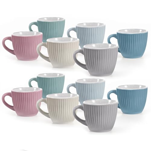 Set 6/12 Tazzine da Caffè - Colori Pastello, 90 cc, Design Rigato, in Rilievo, Ceramica, Ideali per Espresso, Idea Regalo, Assortito - 6 x 6h cm (12, ASSORTITO, 6 x 6h cm)