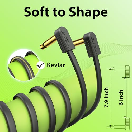 Image of AA AUDIO ACCESSORY Gold-Plated Flat Ribbon Guitar Patch Cables 6 Inch 2-Pack, Kevlar-Reinforced Built-to-Last Noiseless Quad-Layer Shielded, Guitar Pedal Cables for BOSS MXR EBS Behringer Donner Pedal