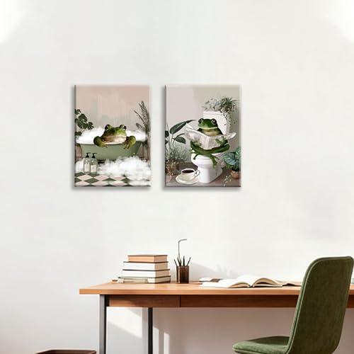 Image of Frimeeme Set of 2 Funny Frog Bathroom Canvas Wall Art,12x16 inches | Frimeeme Set of 2 Funny Frog Bathroom Canvas Wall Art,12x16 inches
