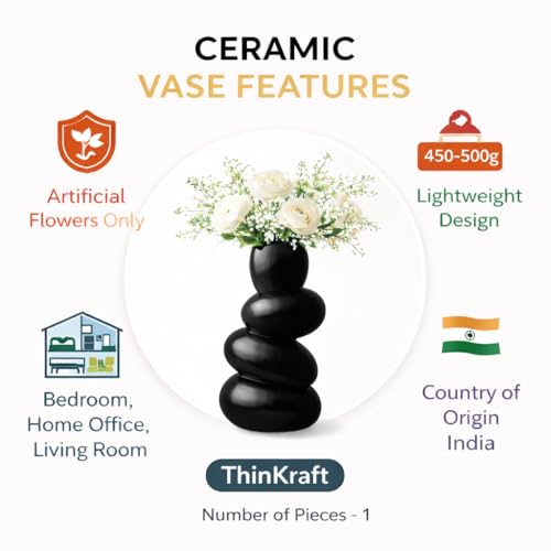 Image of Ceramic Pebble Vase, 9 inch Stacked Stone Design for Pampas Grass & Modern Home Decor, Unique Geometric Flower Vase Centerpiece (Black)