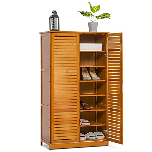 Monibloom Tall Shoe Storage Cabinet With Double Shutter Doors, Bamboo Shelf Stand Organizer Rack For 21-25 Pairs Entryway Hallway Bedroom, Brown #TOP19