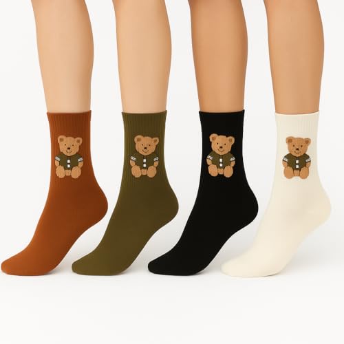 Cute Teddy Bear Crew Socks for Women and Men - Cozy Thick Winter Socks - Soft Breathable Cotton - 4 Pairs Set - Black Rust Cream Olive Colors - Comfortable Casual Warm Gift Idea for Christmas4