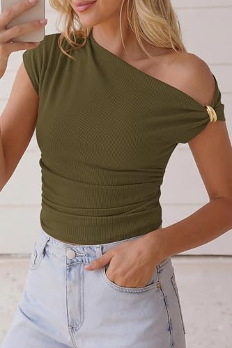 PRETTYGARDEN Womens Summer Off The Shoulder Crop Tops Army Green S - image 4
