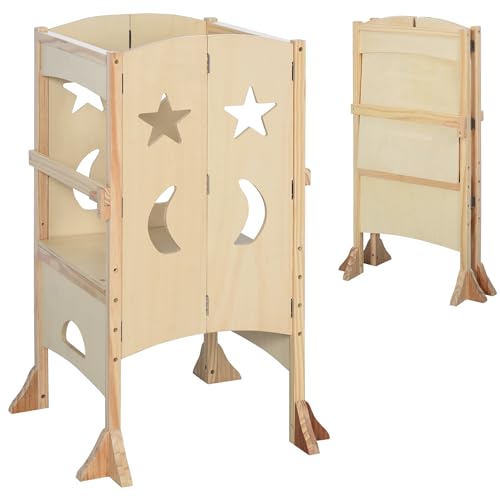 Qaba Folding Toddler Tower, Kitchen Helper Step Stool with Support Handles, Safety Rail and Non-Slip...