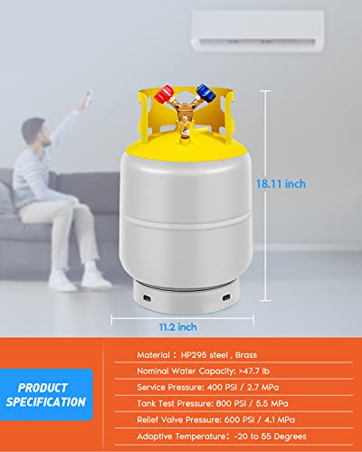 50 Lb Refrigerant Recovery Tank With Double Valve Recovery Can For Liquid/Vapor Reusable Cylinder Tank And 1/4 Sae Y Valve Gray Yellow #TOP1