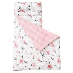 david’s kids Toddler Nap Mat with Pillow and Minky Fleece Blanket, Ultra Soft Slumber Bags for Girls, Perfect for Preschool, Daycare, Kids Sleeping Bags with Rollup Design, 50″x20″, Floral Flowers