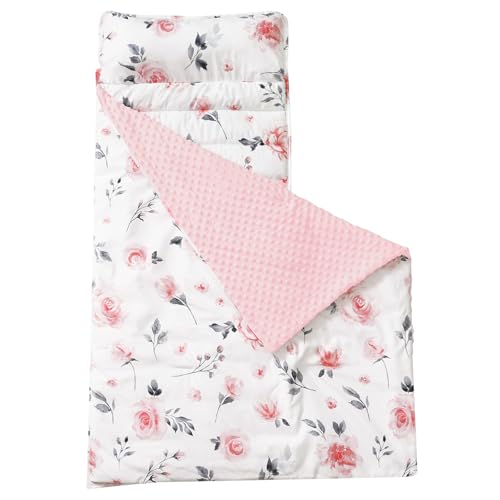 david’s kids Toddler Nap Mat with Pillow and Minky Fleece Blanket, Ultra Soft Slumber Bags for Girls, Perfect for Preschool, Daycare, Kids Sleeping Bags with Rollup Design, 50″x20″, Floral Flowers