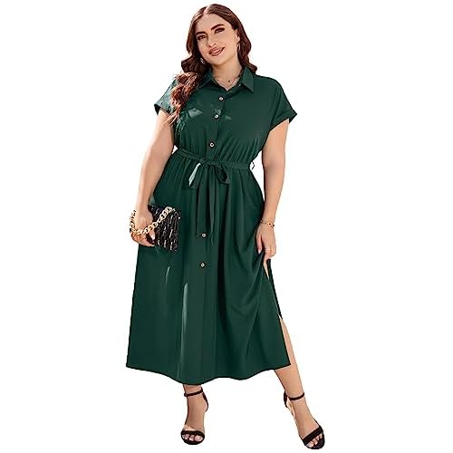 KOJOOIN Plus Size Maxi Dresses for Women Summer Tie Belt Work Polo Dress Business Casual Button Down Dress, 3X-Large, Dark Green