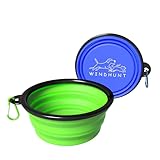 2-Pack Collapsible Dog Bowls, Portable Travel Pet Bowl with Carabiner – Foldable Silicone Feeding Dish for Dogs and Cats On-The-Go (Green + Blue)