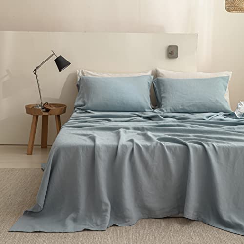 Simple&Opulence French Linen Flat Sheet,100% Natural Flax Bedding Sheet with Stone Washed Queen Size(90''x102'') Ultra Soft Breathable-1 Piece Flat Top Sheet Only Basic Style,Dusty Blue
