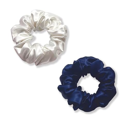 townssilk Elastici per capelli in seta, confezione da 2, 100% pura seta di gelso, 22 momme, per capelli, lussuosi, elastici, elastici per capelli, bianco naturale e blu navy