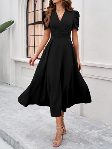 Image of Shasmi Girl's & Women's Solid Color V-Neck A-Line Maxi Dress for Women | New Year Party Outfit | Waist Cinched Puff Sleeve Western | Elegant Casual Wear (Dress 246)