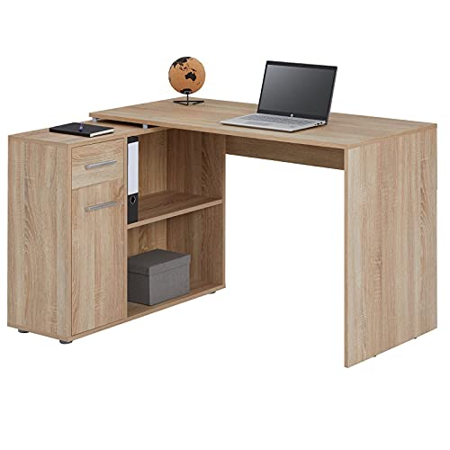 Bureau d'angle Isotta Table avec Meuble de Rangement intégré et modulable avec 2 étagères 1 Porte et 1 tiroir, en mélaminé décor chêne Sonoma