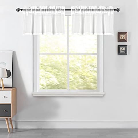 DUALIFE White Sheer Valances for Windows - Linen Look Rod Pocket Sheer Kitchen Window Treatment Valances 52 Wide by 18 Inches Long 2 Panels Cover