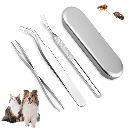Fresilkora 3PSC Professional Stainless Steel Tick Remover, Tick Remover Tool Set, 2 in 1 Tick Remover with Storage Box, for Humans, Cats & Dogs, Tool Kit with Tweezers, Shovel & Storage Box