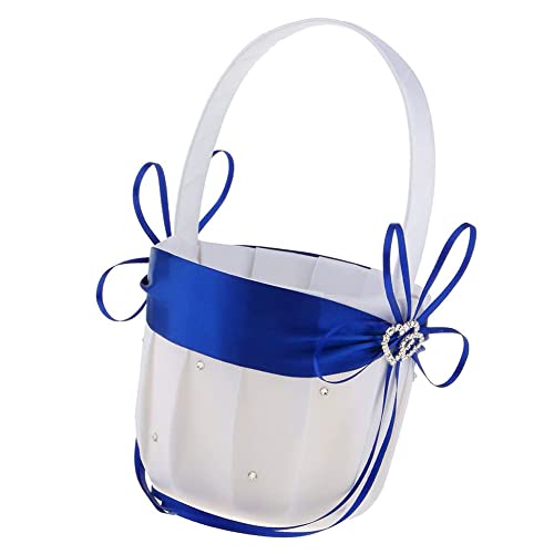 2Pcs Wedding Flower Girl Baskets,White Satin Flower Storage Basket With Double Heart Rhinestone Craft For Engagement Ceremony Party Decor (Royal Blue) #TOP5