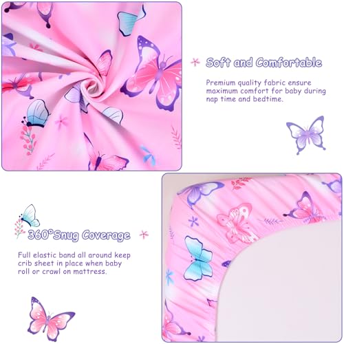 Image of JISEN Baby Crib Sheets Soft Breathable Butterfly Fitted Crib Sheets for Standard Crib and Toddler Mattress Baby Bed Sheets for Boys Girls Neutral 52x28 Inch Pink