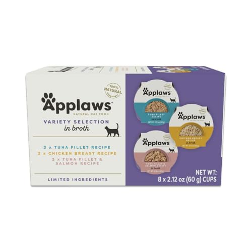 Applaws Natural Wet Cat Food in Broth, Limited and Natural Ingredients, High Protein with No Artificial Additives, Variety Pack in Broth (8 x 2.12 oz Easy-Open Cups)
