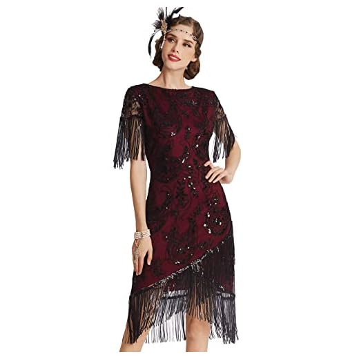 Coucoland dam 1920-tal klänning rund urringning kort ärm fransar flapper Charleston klänning 20-talet paljetter Great Gatsby Cocktail Party dam Fasching kostym klänning