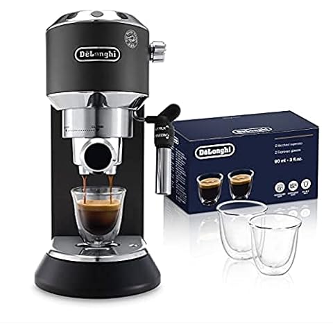 De’Longhi EC685.BK Dedica EC 685.BK Espresso Siebträgermaschine, Schwarz + Isolierte Espresso-Glas 2er Set Cover